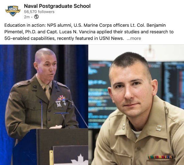 NPS alumni U.S. Marine Corps officers Lt. Col. Benjamin Pimentel Ph.D. and Capt. Lucas N. Vancina