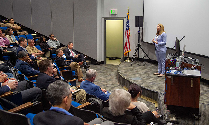 Meredith Berger, Assistant Secretary of the Navy for Energy, Installations and Environment and Chief Sustainment Officer, addresses senior leaders at the Navy Climate Tabletop Exercise.